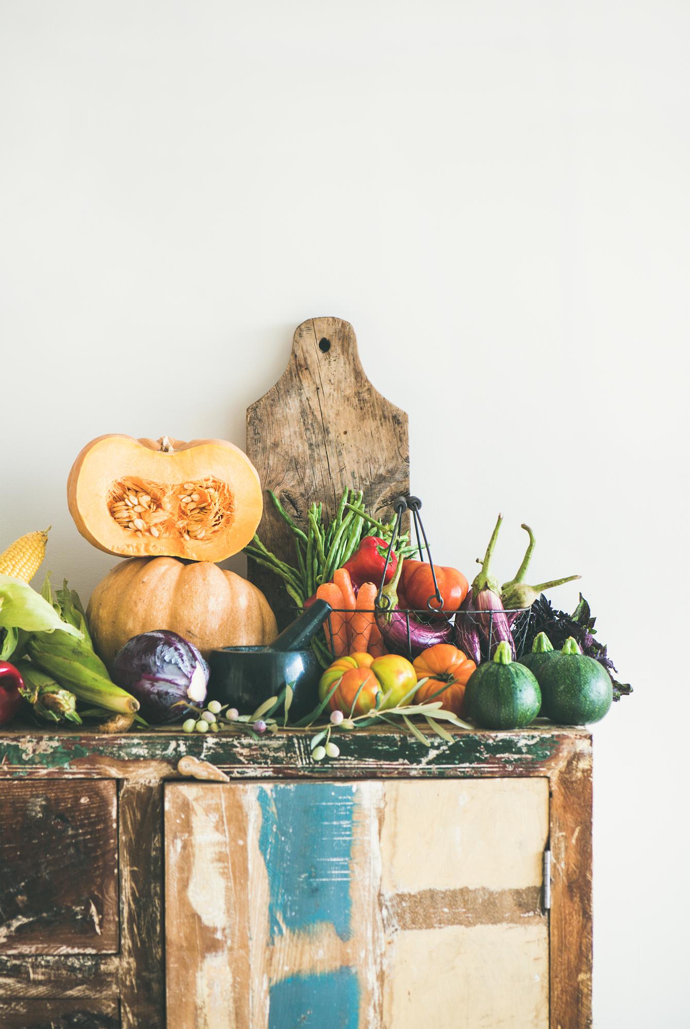 Small market produce laid out on wooden table