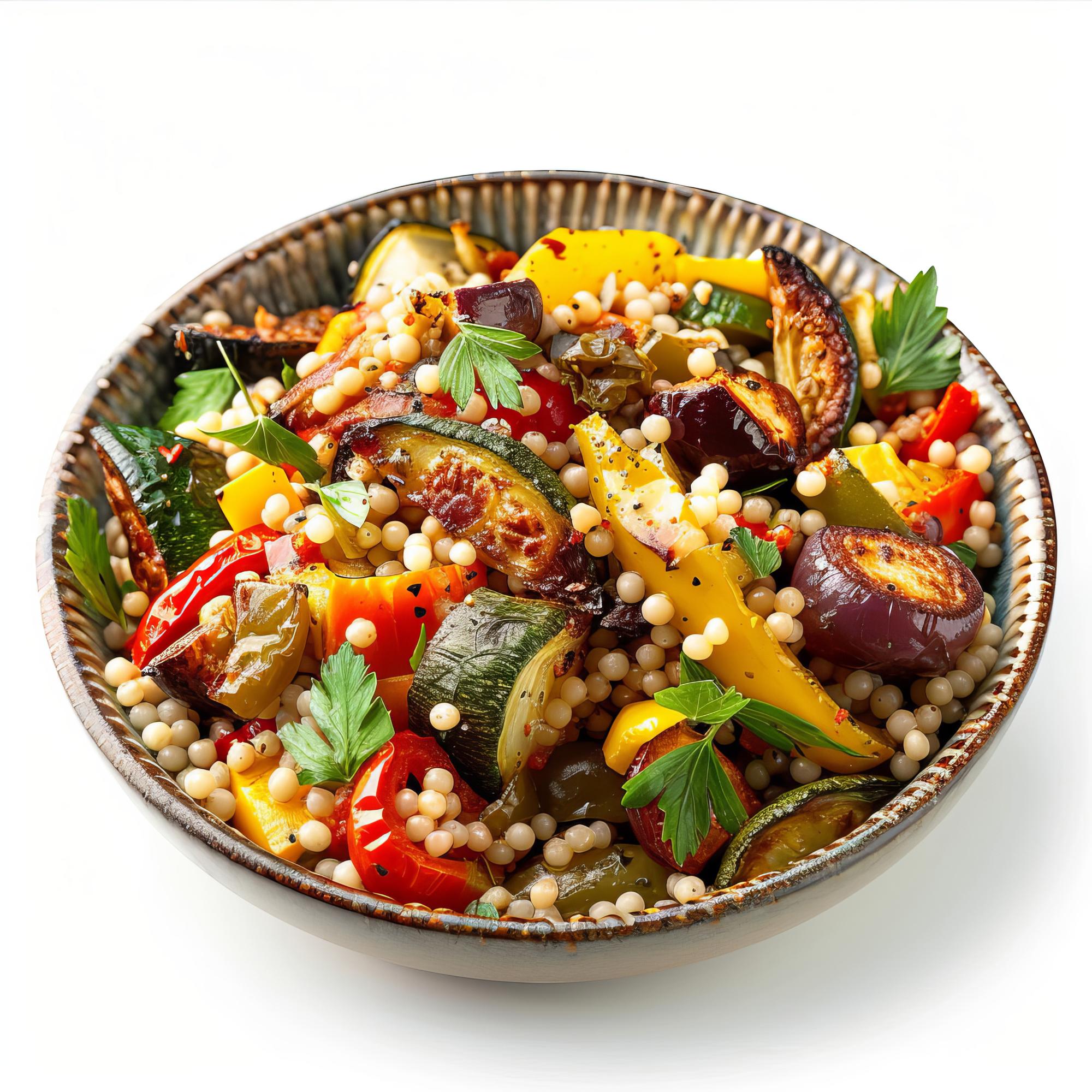 Close-up roasted vegetable platter with grains